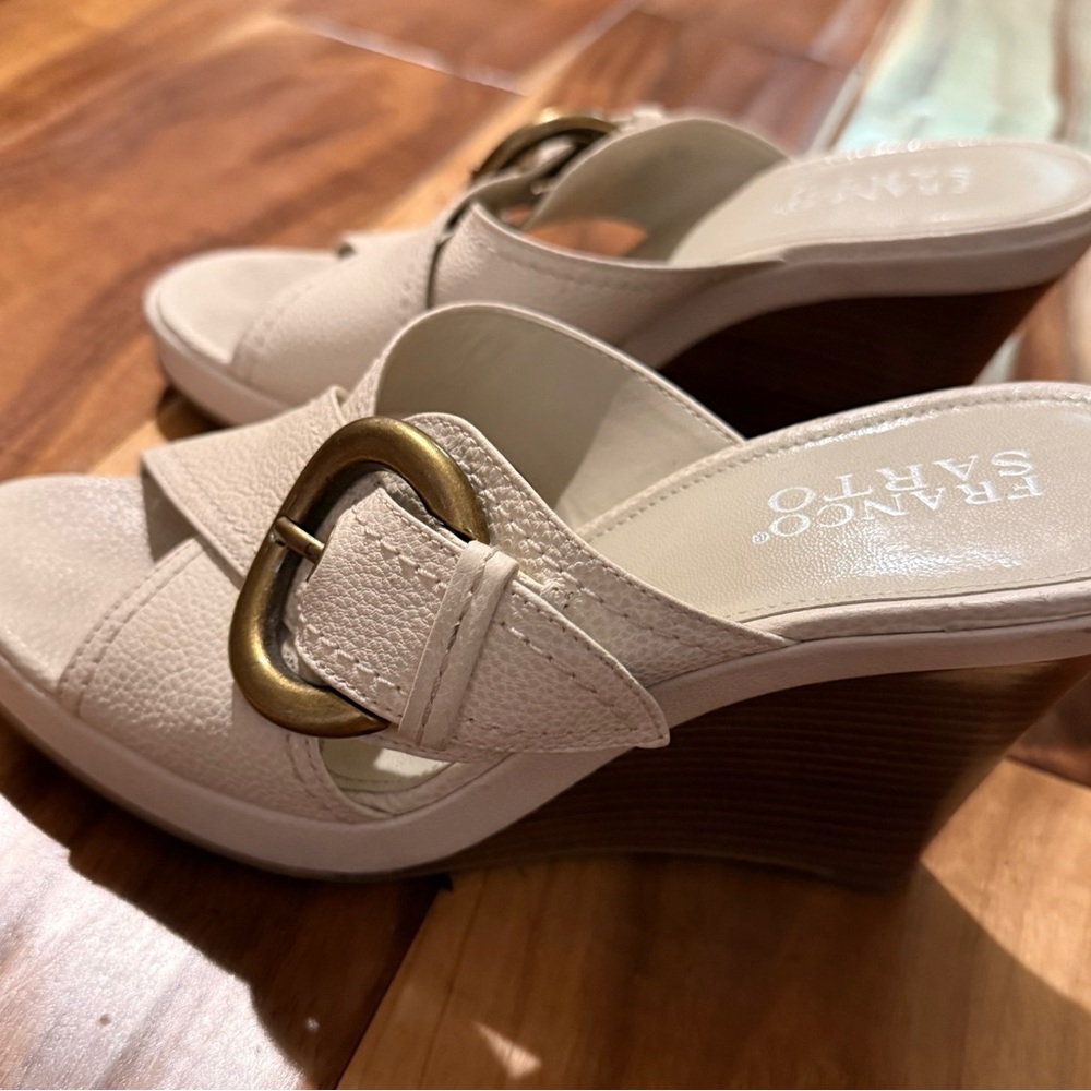 Franco Sarto Cream Wedge Sandals with Gold Buckle